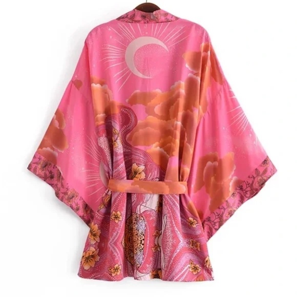 Fuchsia Pink Cosmic Galaxy Moon Boho Short Kimono Coverup Robe - Picture 3 of 9